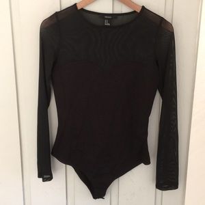 Forever 21 long sleeve black mesh top snap leotard